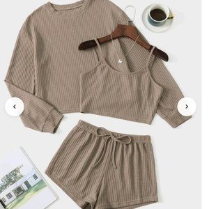 Shein 3 Piece WHITE Drop Shoulder Tee & Cami Top & Shorts Lounge Set Small